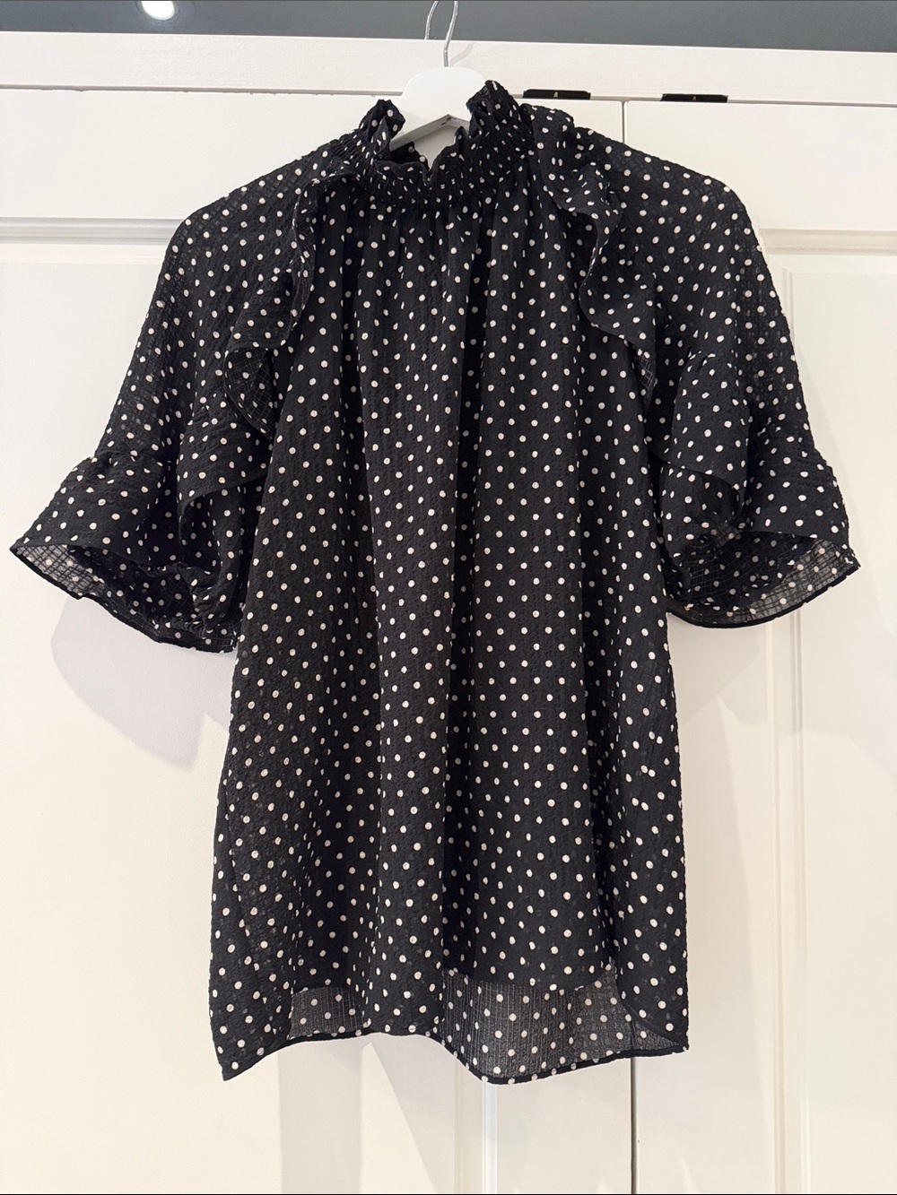 Sezane Black Polka Dot Ruffle Smocked-Neck Cassandre Blouse size 42